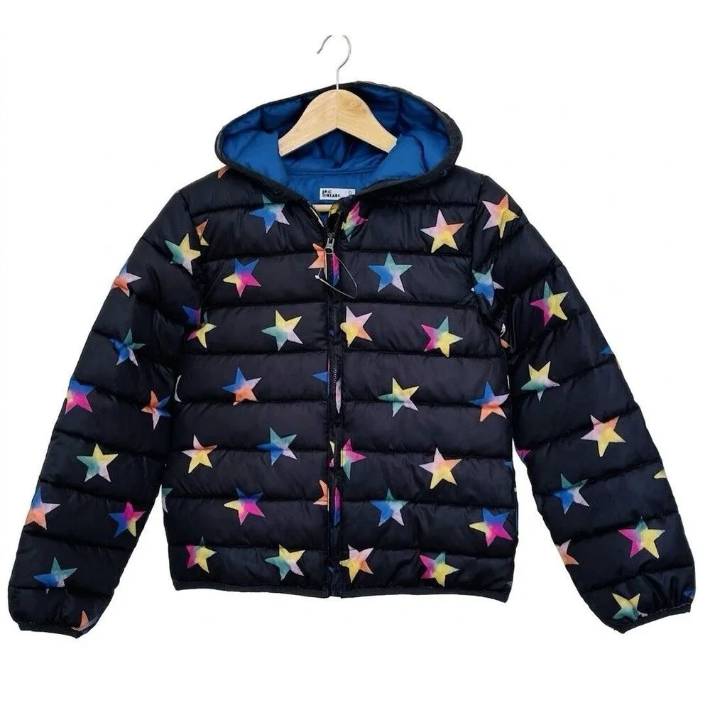 NWOT Epic Threads Girls XL Black Puffer Jacket Rainbow Stars Hooded Coat Winter
